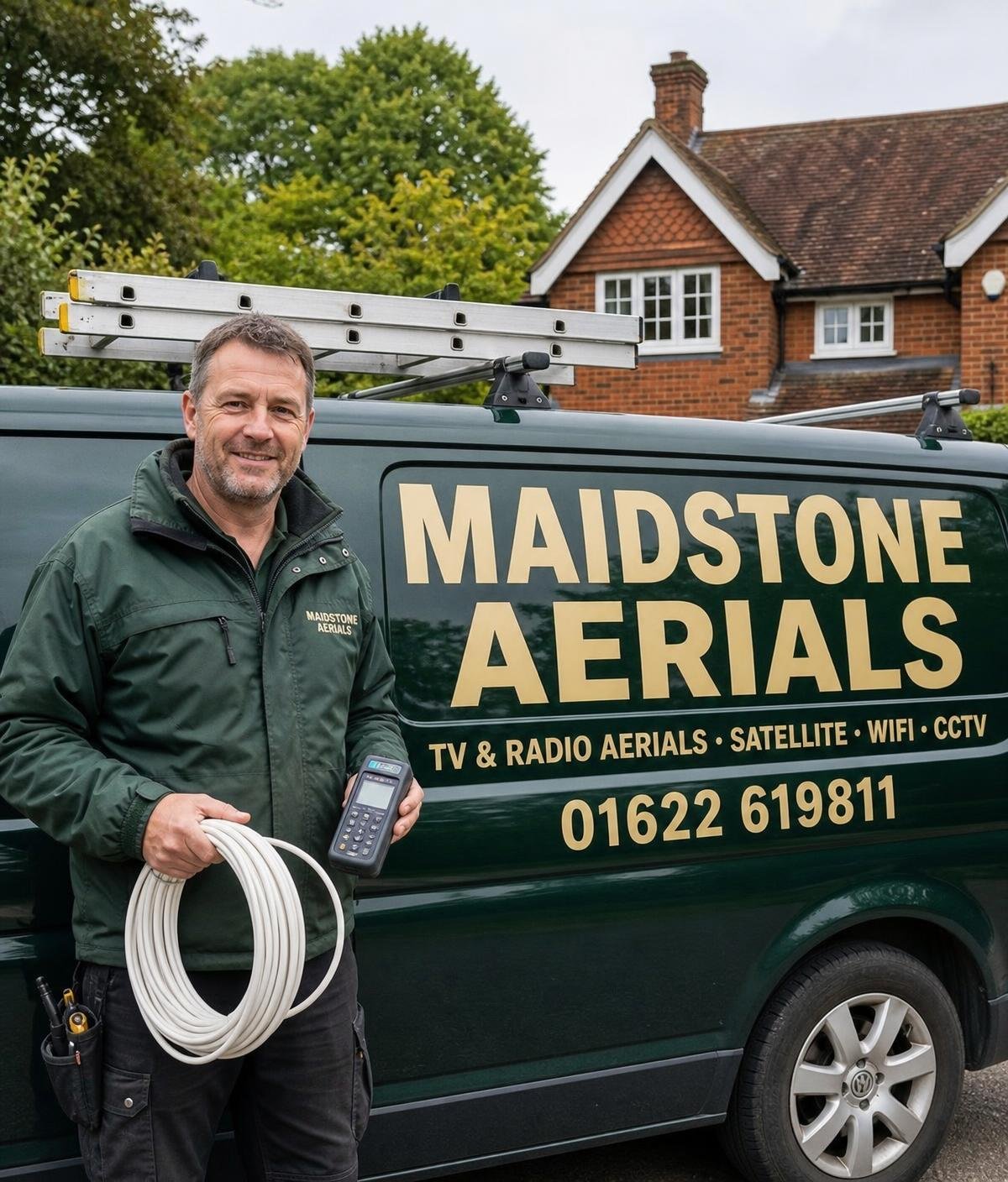 Maidstone Aerials engineer with a signal meter and coaxed cable beside the van