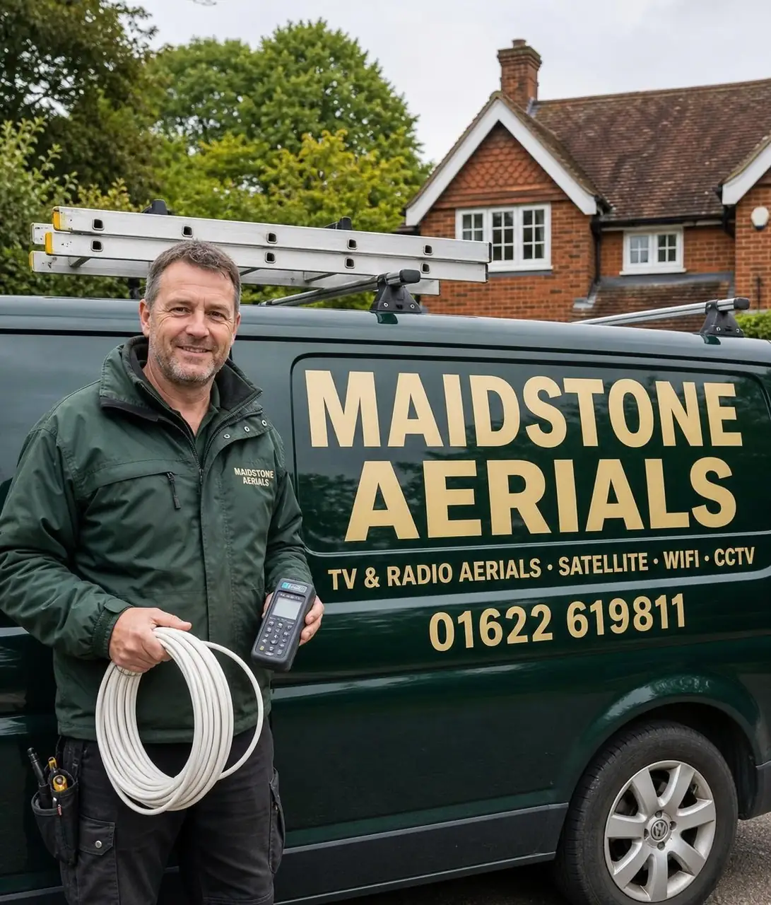 Maidstone Aerials engineer with a signal meter and coaxed cable beside the van