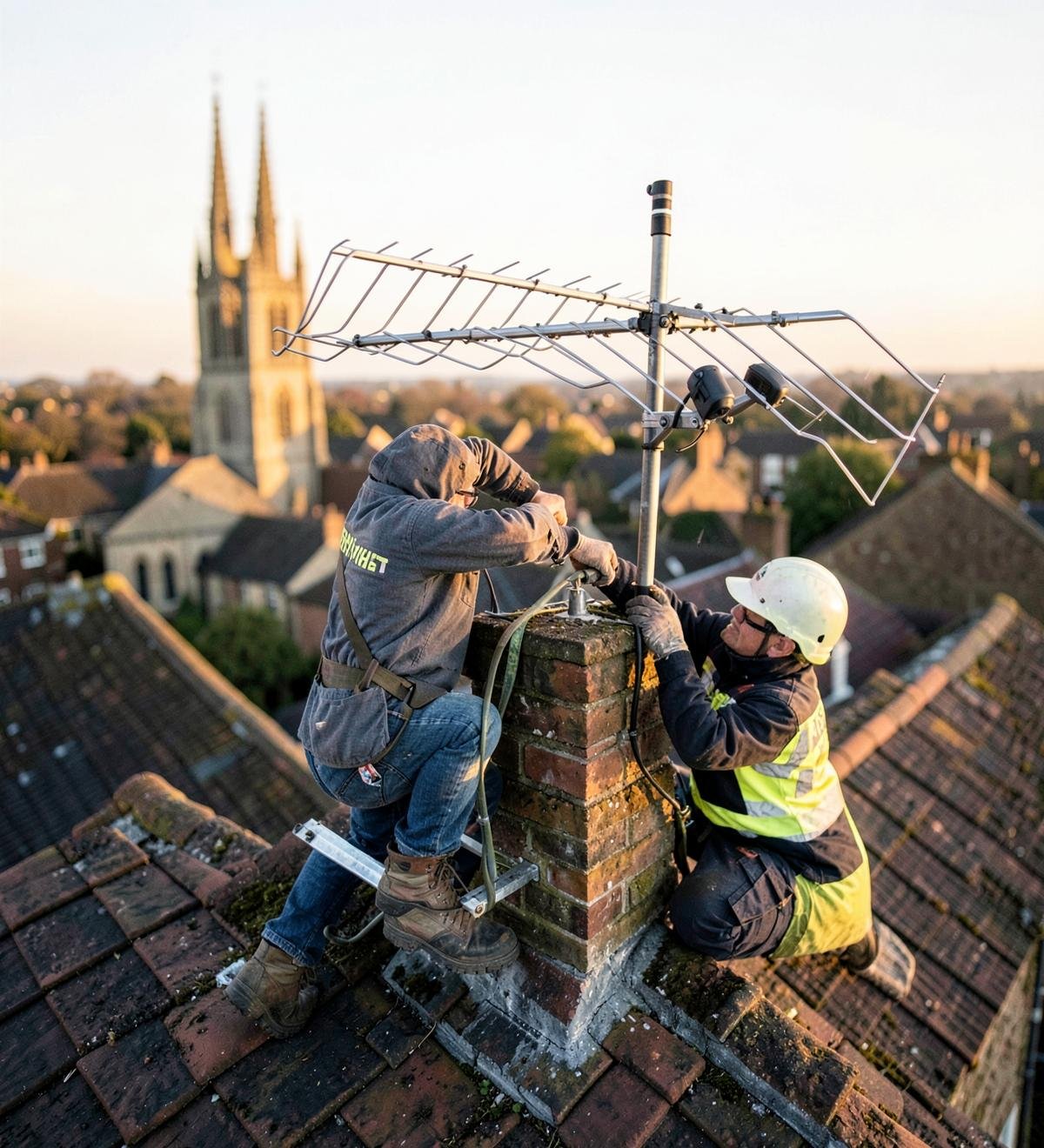 Maidstone Aerials engineer fitting a digital TV aerial to a chimney in Kent