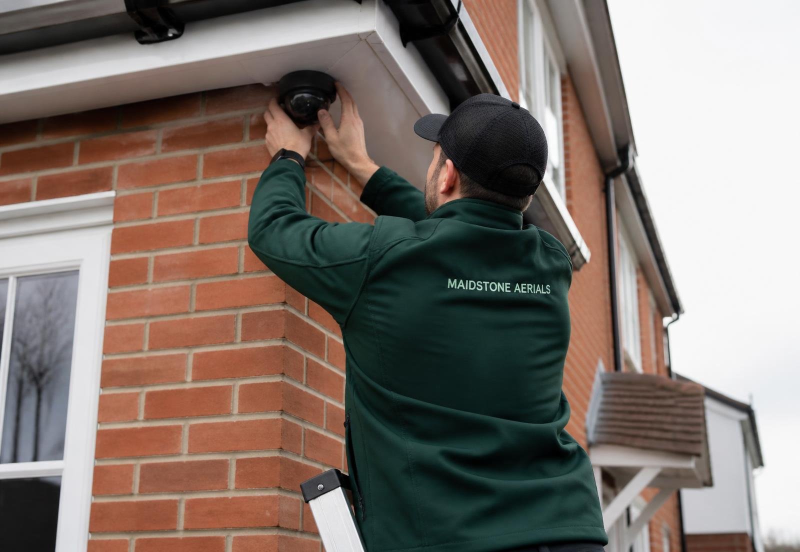 Engineer installing a CCTV camera under the eaves of a Kent house