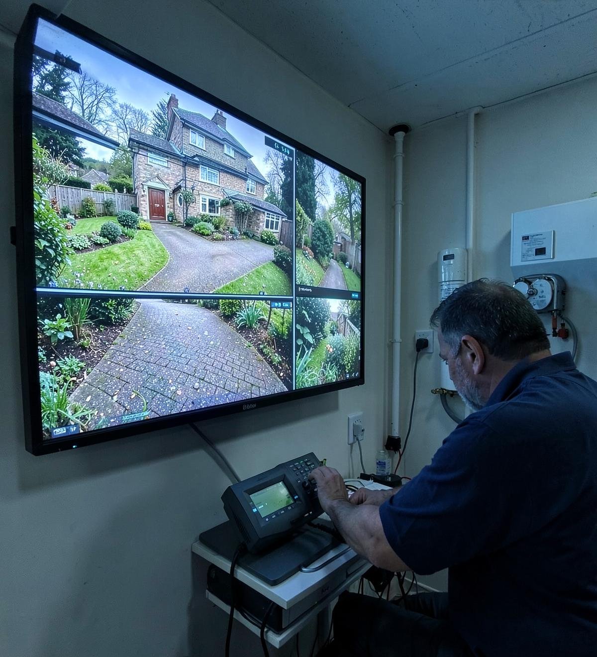 CCTV monitoring screens showing camera views of a Kent property