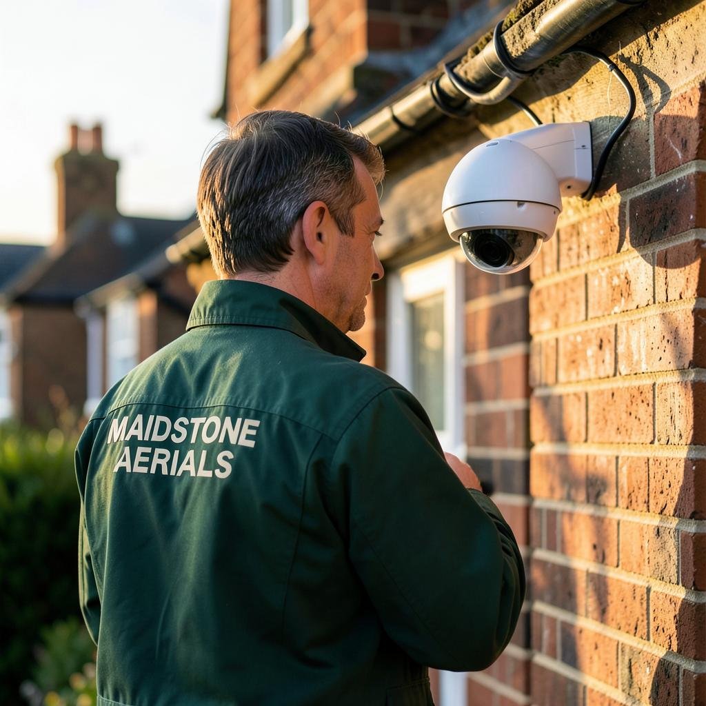 Maidstone Aerials engineer installing a modern dome CCTV camera under the eaves of a red-brick Maidstone townhouse
