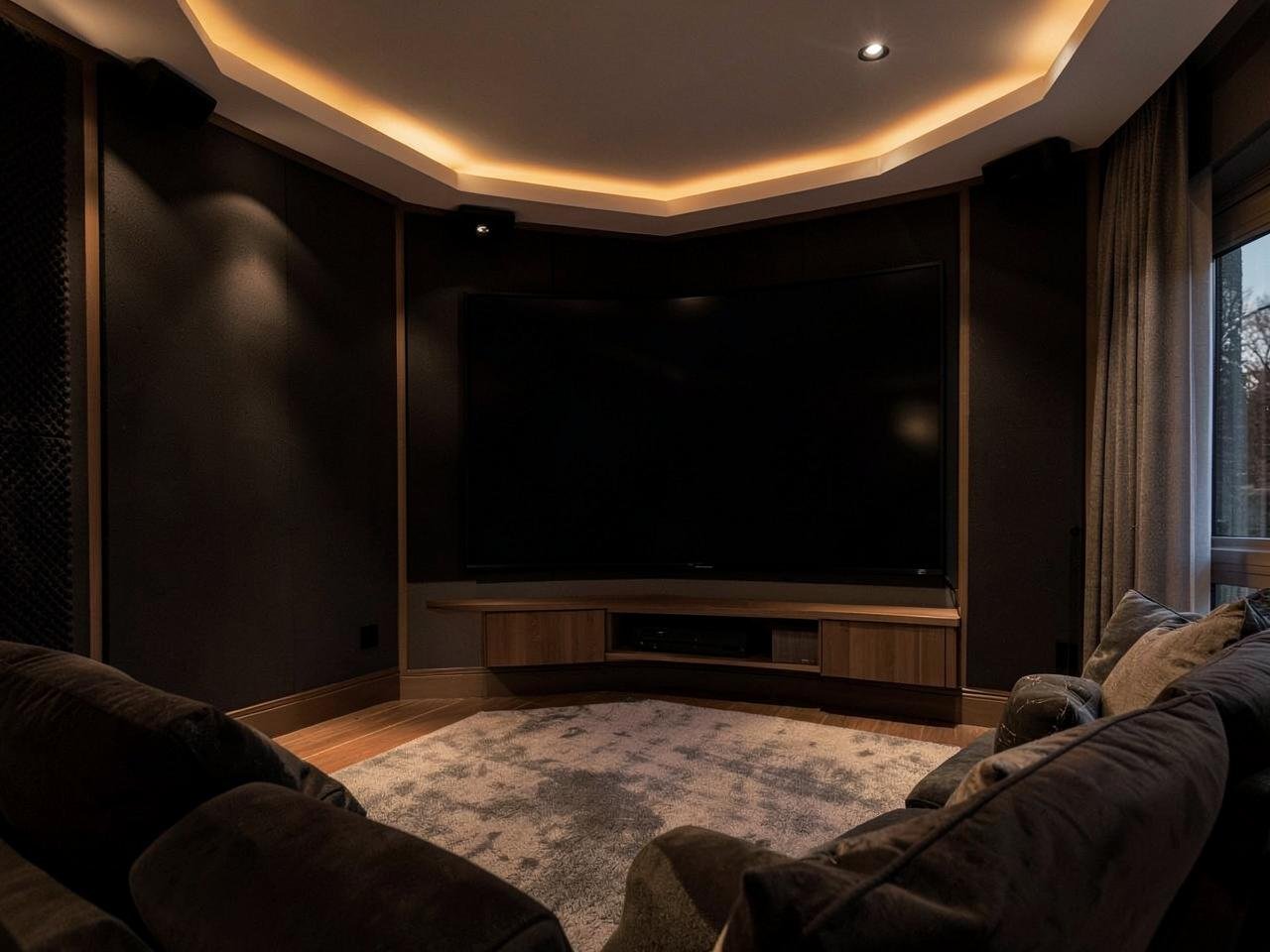 Finished home cinema room with large screen and surround sound in a Kent home