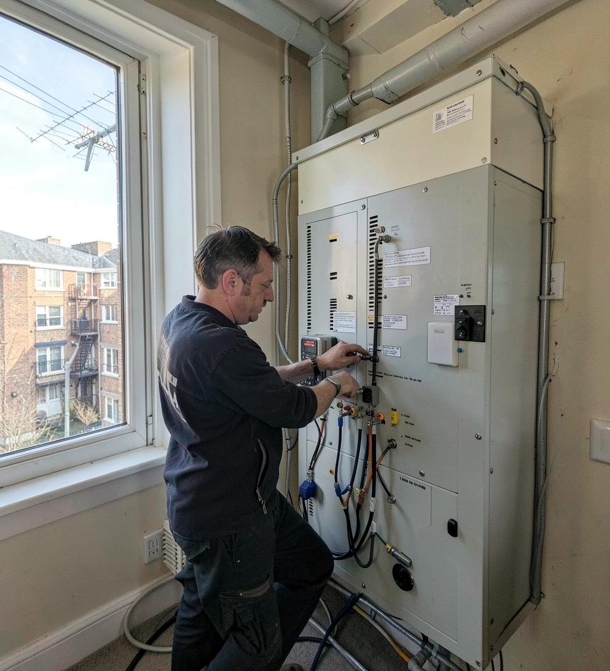 Engineer working on a communal aerial distribution amplifier in a Kent apartment block