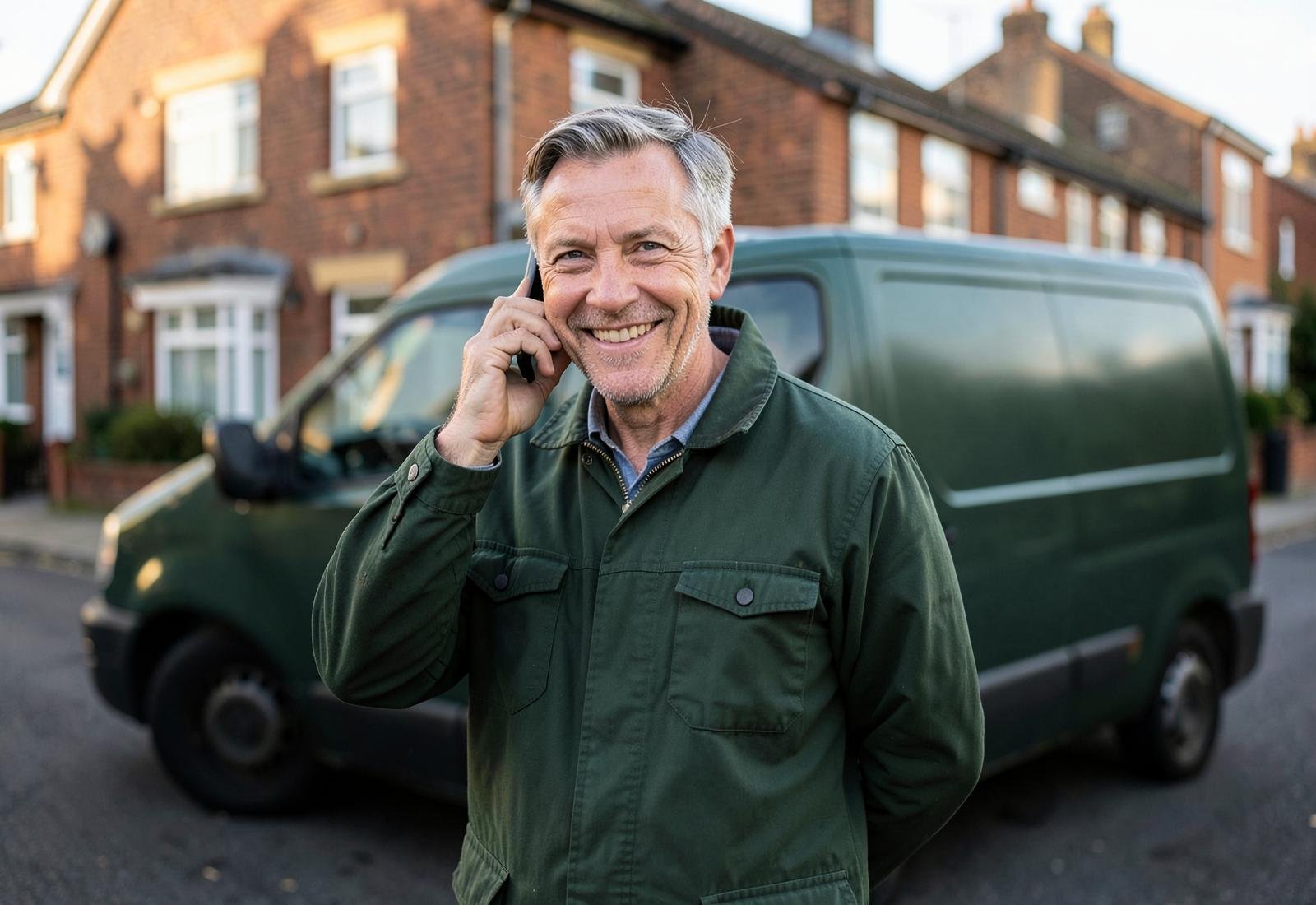 Maidstone Aerials engineer taking a call outside a Kent home