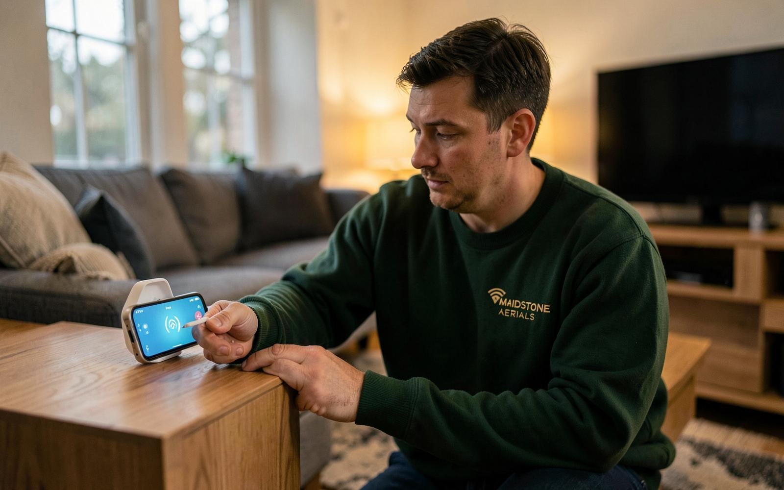 Technician installing a ceiling-mounted mesh WiFi access point in a Kent home
