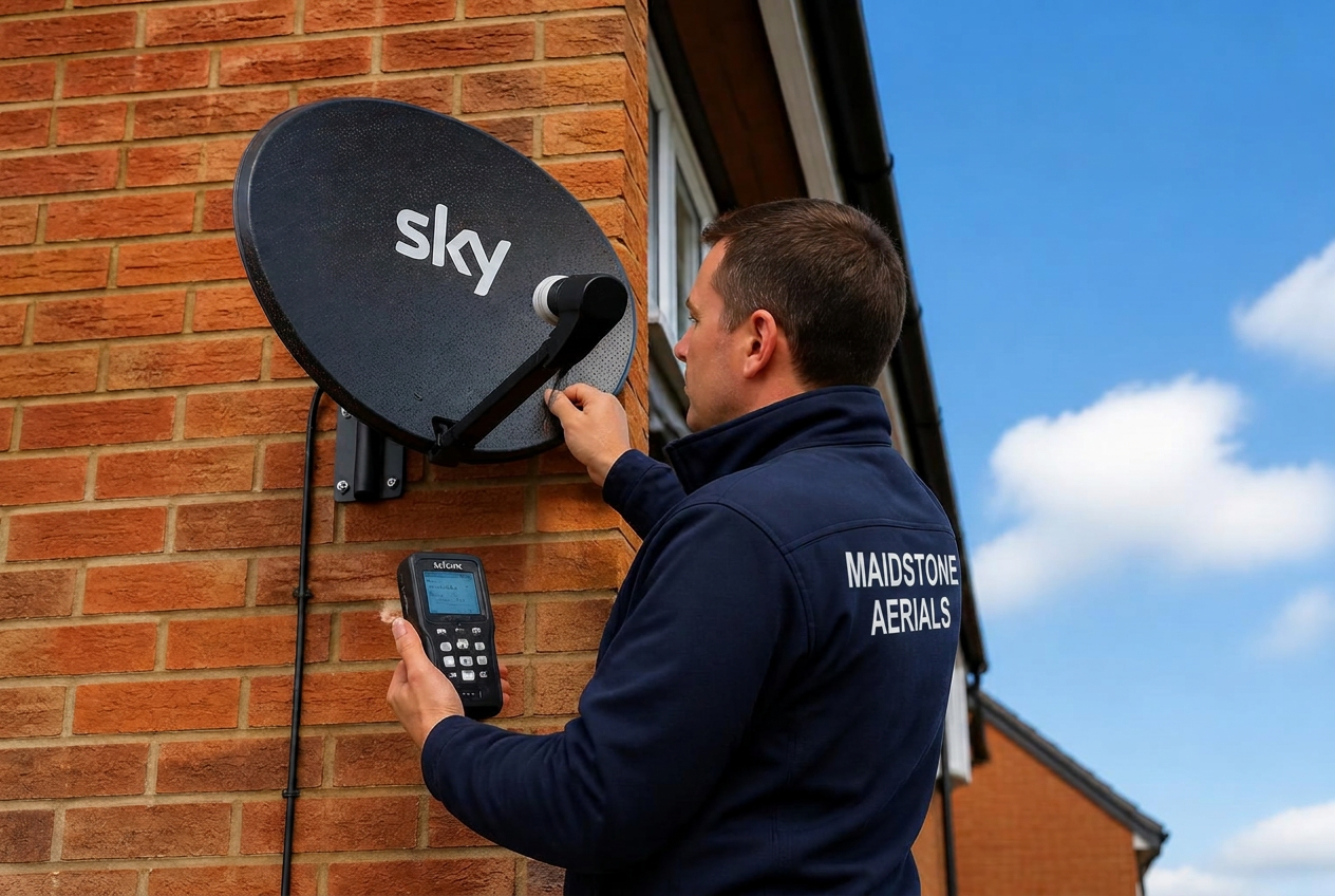 Engineer aligning a satellite dish on a Kent house with a signal meter