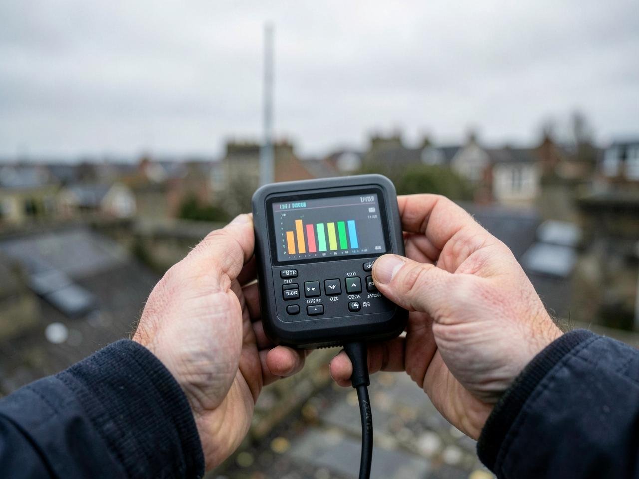 Engineer reading a professional TV signal meter on a Kent rooftop
