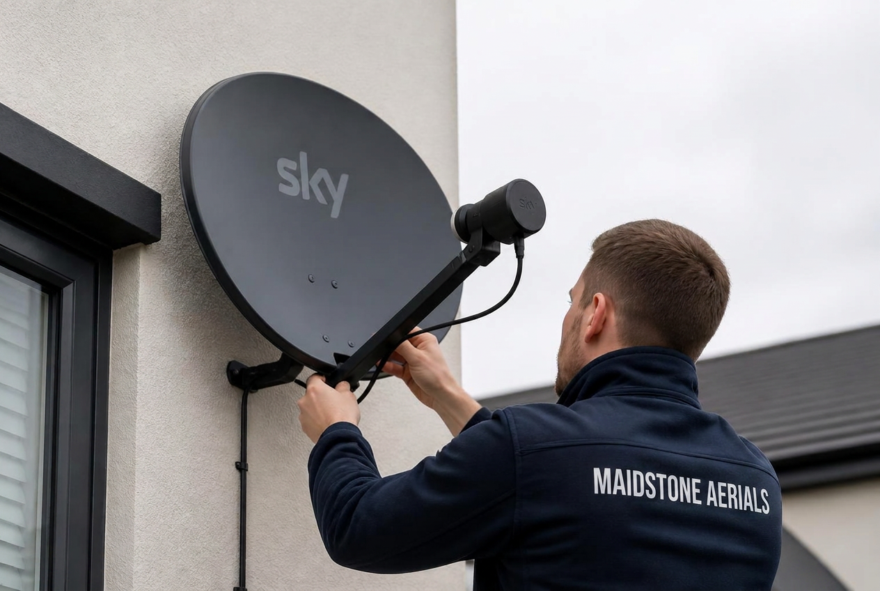 Engineer aligning a satellite dish for Sky at a Kent property