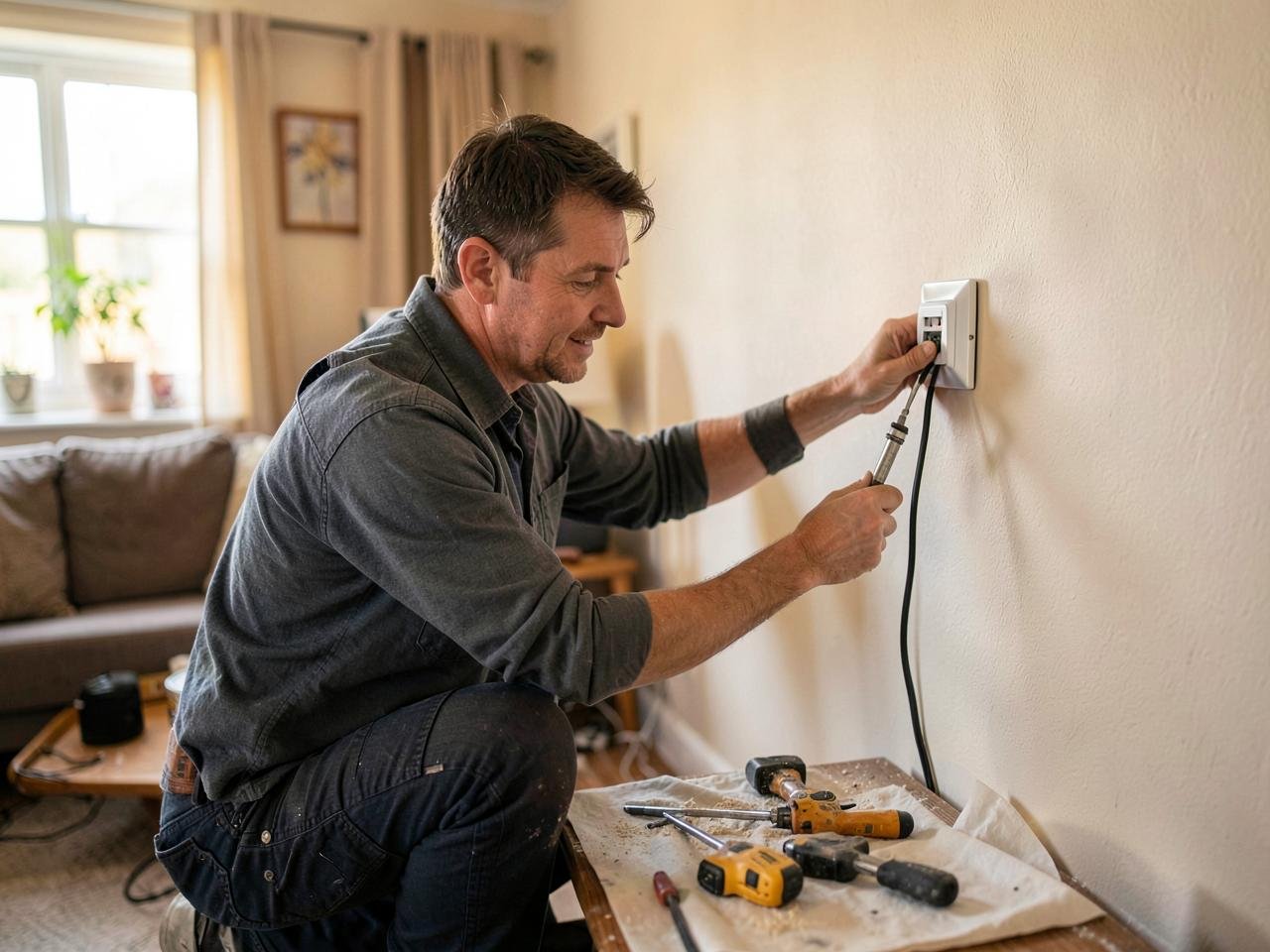 Engineer fitting a new TV aerial point to a living room wall in Kent