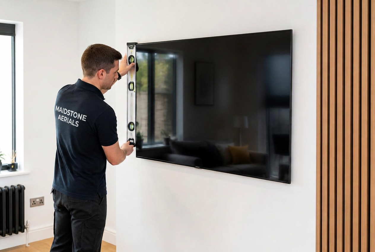 Installer levelling a wall-mounted television in a Kent living room
