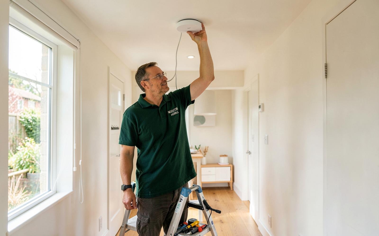 Engineer installing a ceiling WiFi access point in a Kent home